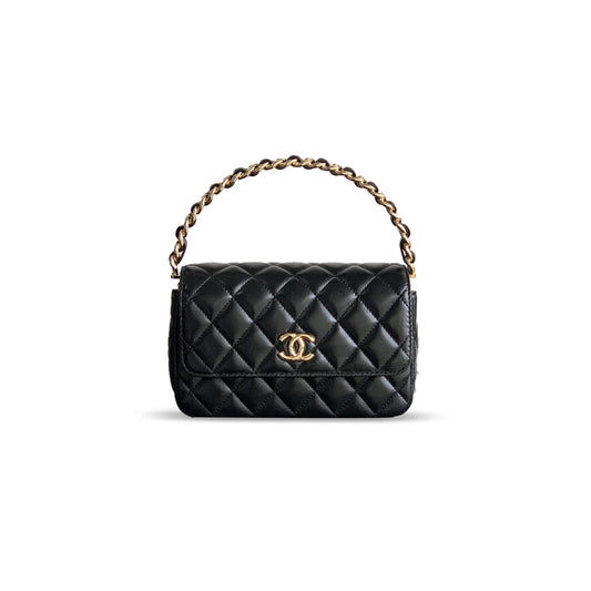 Ch*el handle flap bag lambskin & gold metal black 496581 (18.5*10.5*8cm)