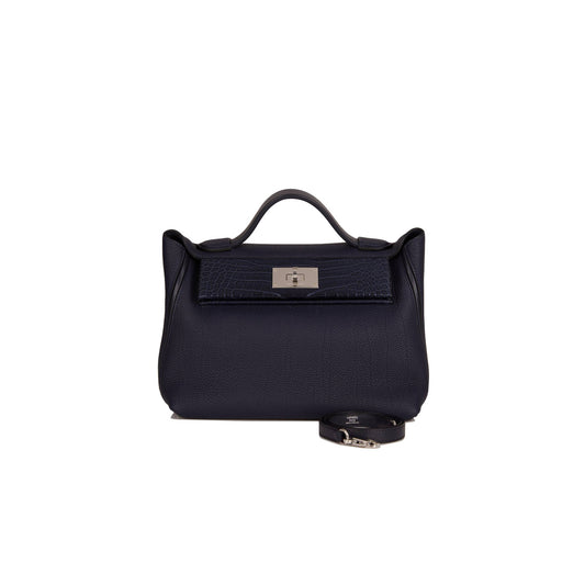 H**mes 2424 bag 29 bleu nuit alligator and togo touch palladium hardware (29*24*15cm)