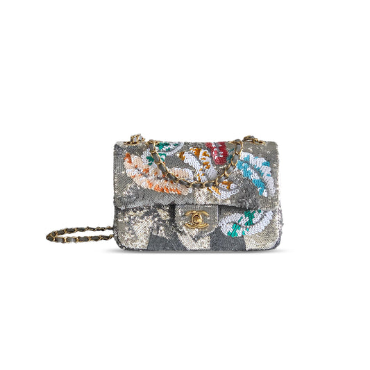 Ch*el mini classic 11.12 handbag embroidered satin, sequins, glass pearls 356014 (20*13*7cm)