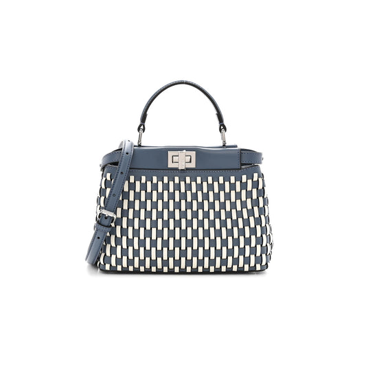 F**di calfskin woven mini peekaboo iconic satchel mirto white ice (24*18.5*10.5cm)