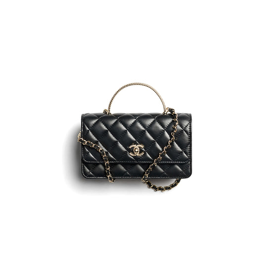 Ch*el clutch with chain lambskin, strass & gold-tone metal black ap4831 (18.5*11*6cm)