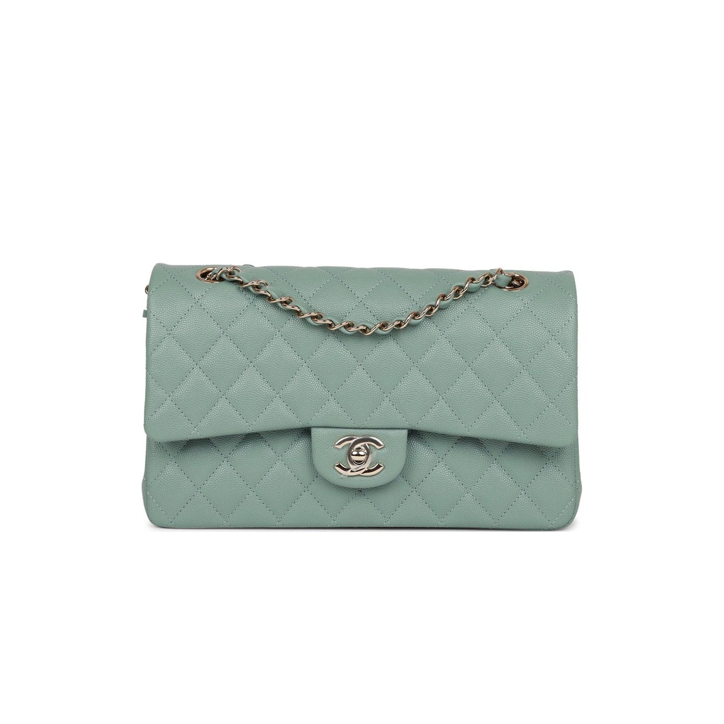 Ch*el medium classic double flap bag green caviar light gold hardware (25*15*7cm)