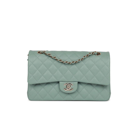 Ch*el medium classic double flap bag green caviar light gold hardware (25*15*7cm)