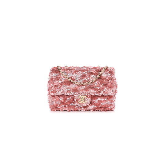 ch*el flap bag sequins & gold-tone metal G01den & pink as4561 (21*14*8cm)