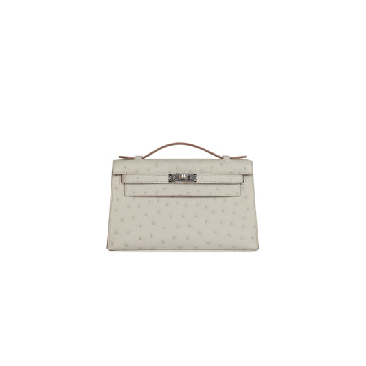 H**mes mini kelly pochette gris perle ostrich palladium hardware (22*14*7cm)