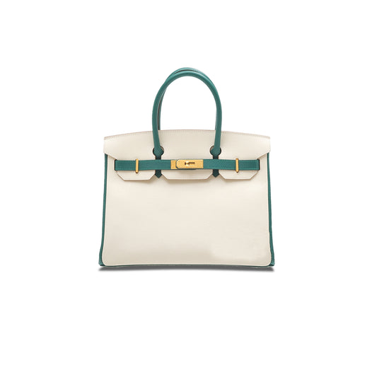 H**mes birkin 30 epsom milkshake white and peacock green gold buckle h028369ck44 (30*23*15cm)