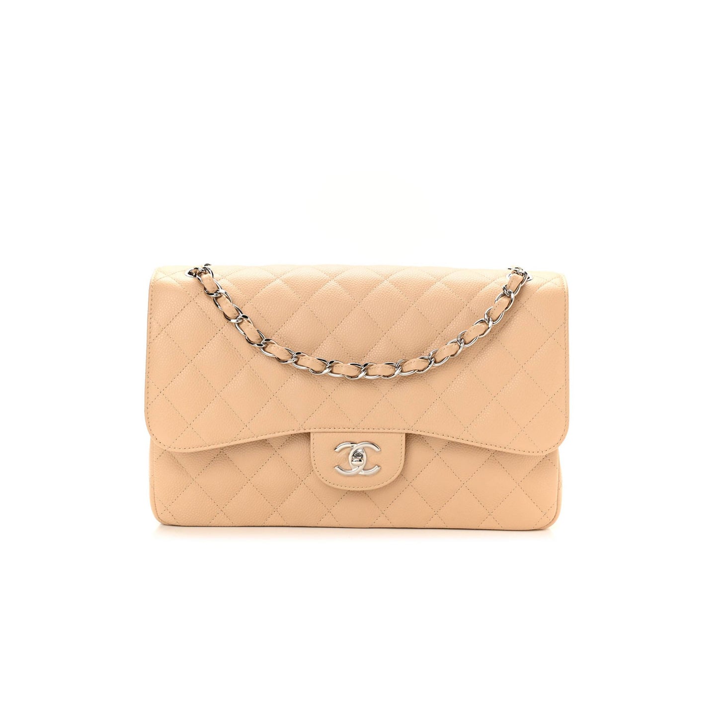 Ch*el caviar quilted jumbo double flap beige silver hardware (30*19*9cm)