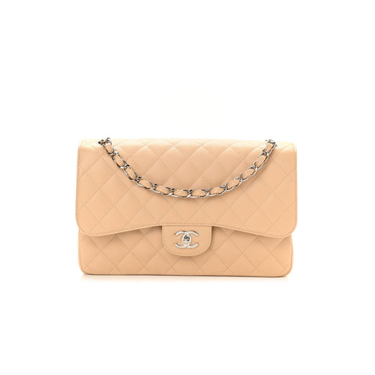 Ch*el caviar quilted jumbo double flap beige silver hardware (30*19*9cm)