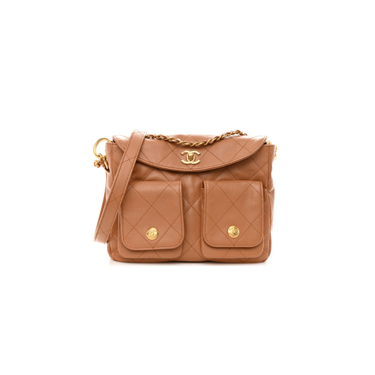 ch*el shiny calfskin quilted S*pple twins smal hobo bag brown (24.5*19*5cm)
