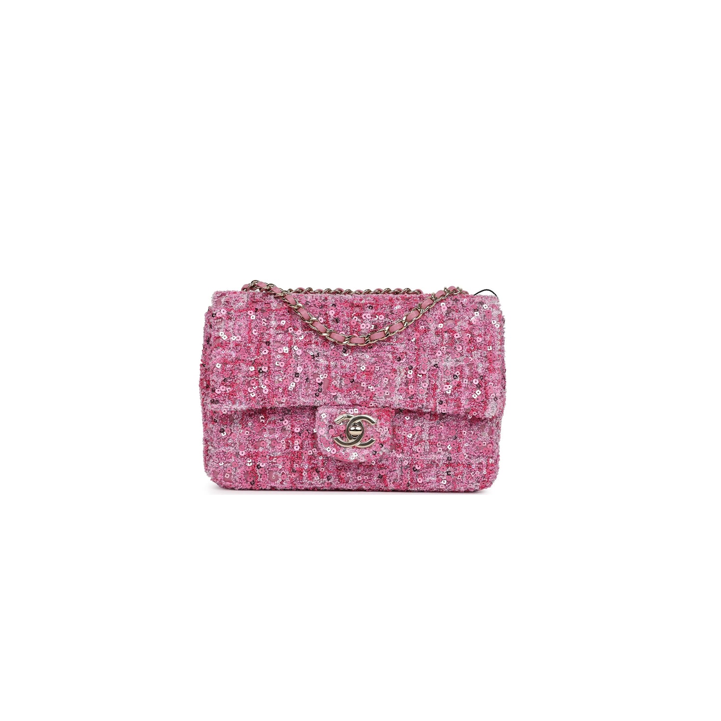 Ch*el mini classic rectangular flap bag pink tweed and sequin gold hardware 192410 (20*13*6cm)