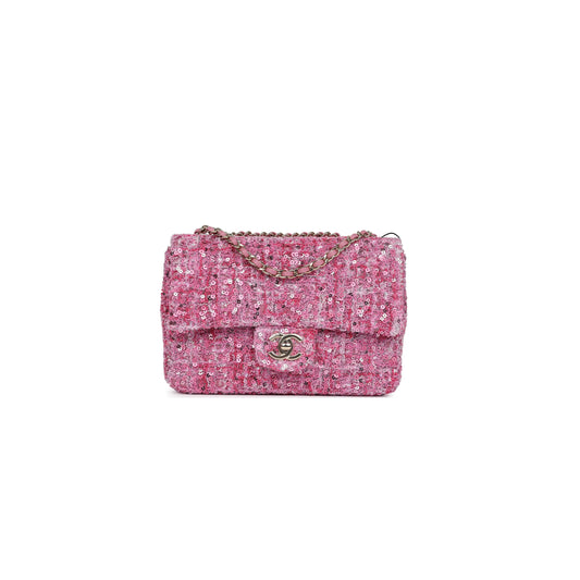Ch*el mini classic rectangular flap bag pink tweed and sequin gold hardware 192410 (20*13*6cm)