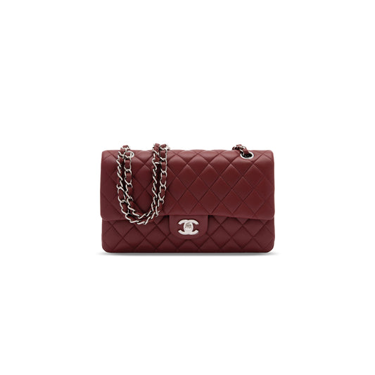 Ch*el medium classic flap bag with silver hardware burgundy a01112 (25*16*8cm)
