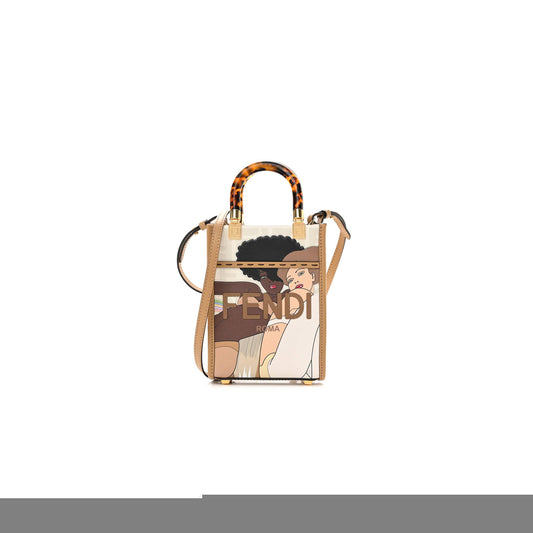 F**di glazed fabric plexiglass ff logo bikini girls mini F**di sunshine shopper tote bianco perla multicolor miele scuro (18*13*5cm)
