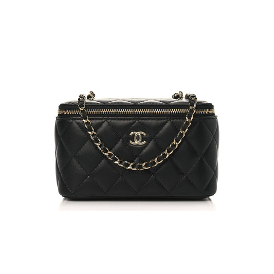 Ch*el lambskin quilted pearl crush small vanity case with chain black rose gold hardware (17*10*8cm)