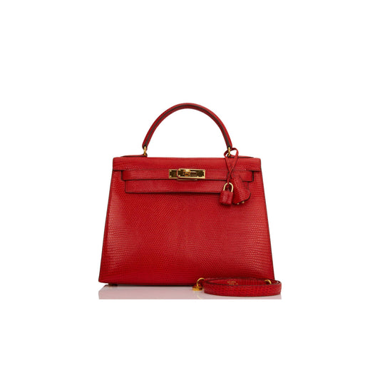 H**mes kelly sellier 28 rouge vif lizard niloticus gold hardware (28*22*10cm)