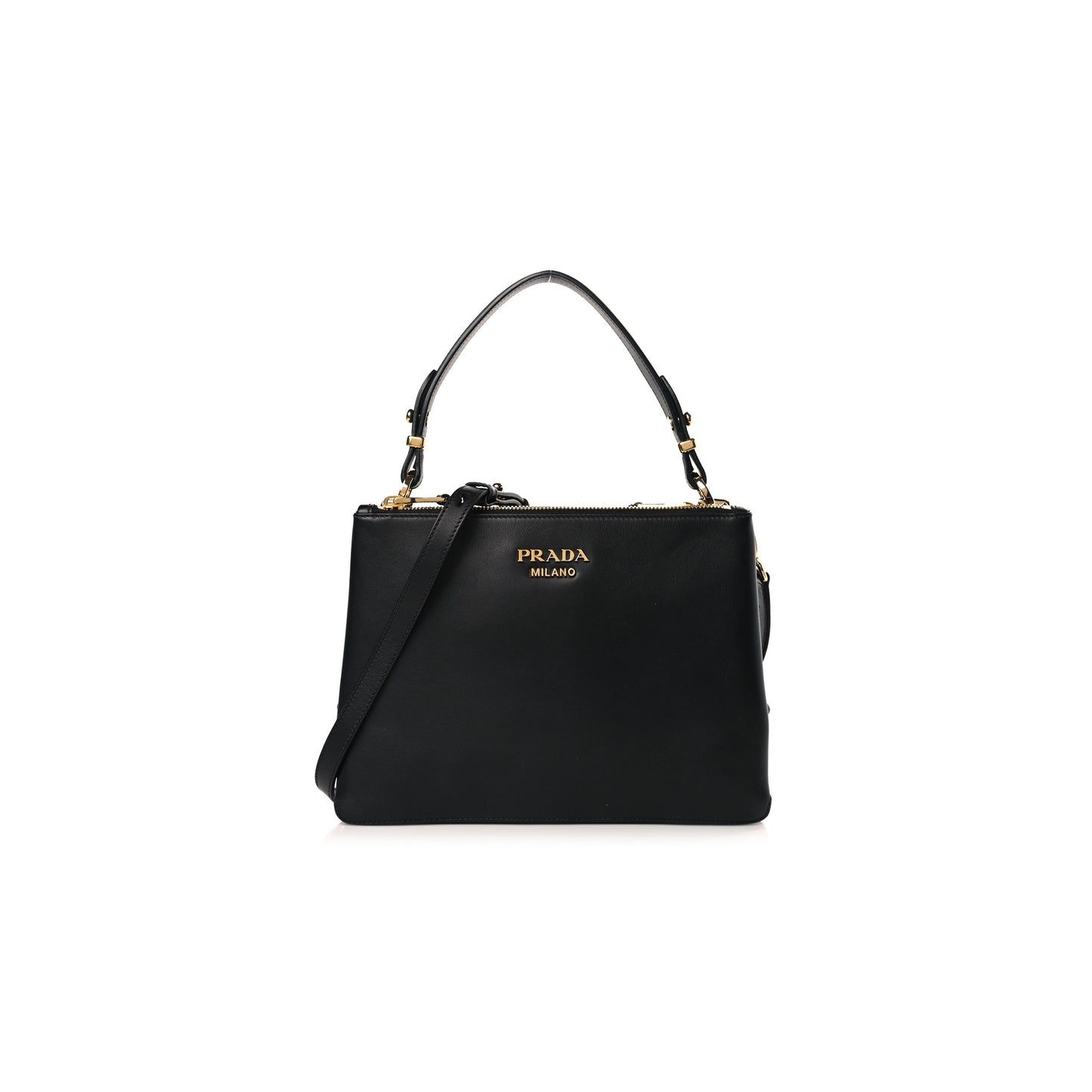 Pra*a new calfskin small deux shoulder bag black (27*20*4cm)