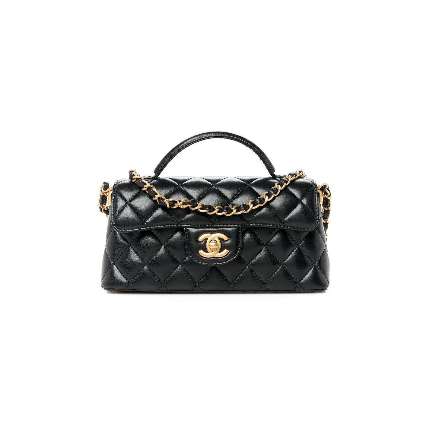 Ch*el lambskin quilted mini flap top handle bag black as5354 (22*11.5*6cm)