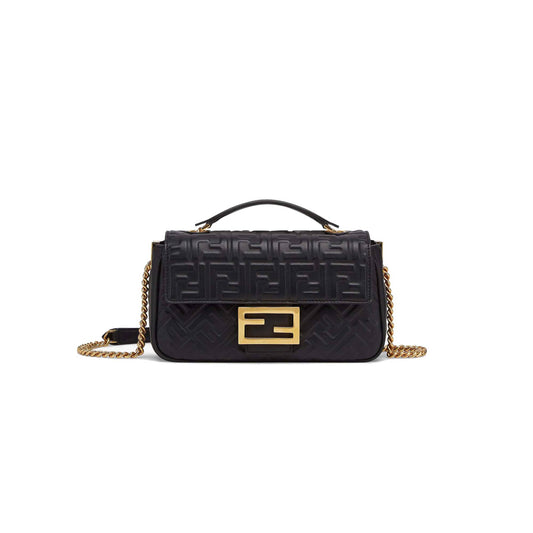 F**di baguette chain midi - black nappa leather bag 8br793ah9cf1cfj (24*14.5*7cm)