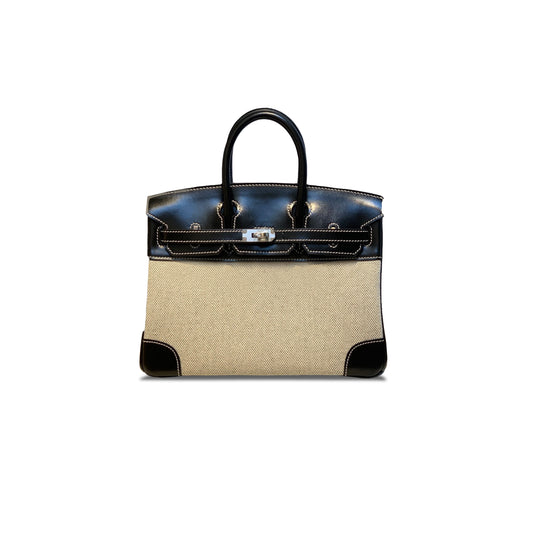 H**mes birkin 25 black box leather canvas silver buckle h082686ck03 (25*20*13cm)