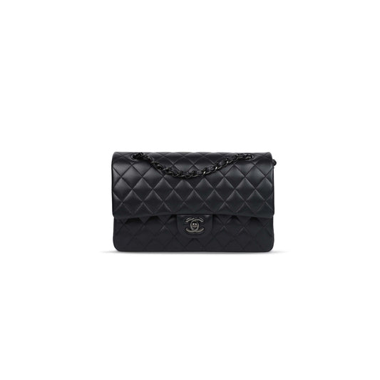 Ch*el medium classic double flap bag so black lambskin black hardware 1109944 (25*15*7cm)