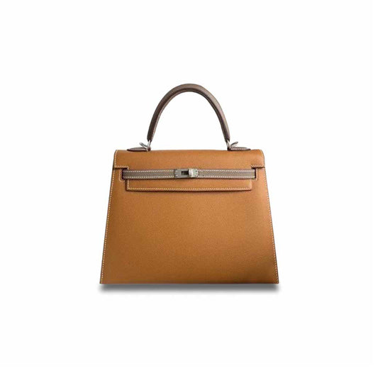h**mes kelly 25 epsom G01den brown with elephant gray silver buckle (25*17*7cm)