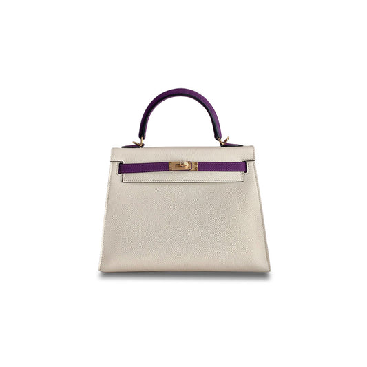H**mes kelly 25 epsom milkshake white with sea anemone purple gold buckle (25*17*7cm)