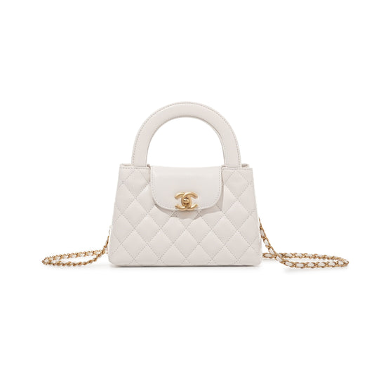 Ch*el white quilted aged calfskin mini kelly bag brushed gold hardware as4416 (19*13*7cm)