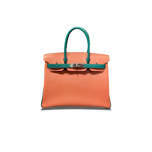 H**mes birkin 30 epsom lobster pink and peacock green silver buckle bag h028369ck70 (30*23*15cm)