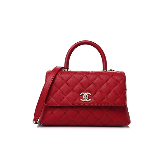 Ch*el caviar quilted mini coco handle flap red rose gold hardware (23*14*10cm)