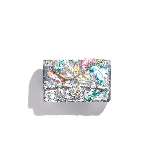 Ch*el classic 11.12 handbag embroidered satin, sequins, glass pearls a01112 (25.5*15.5*6.5cm)