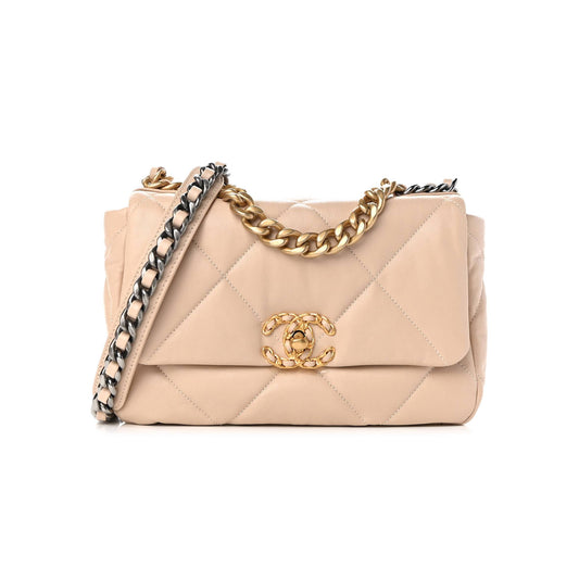 Ch*el goatskin quilted medium Ch*el 19 flap light beige gold hardware (25*15*8cm)