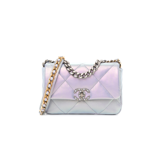 Ch*el iridescent calfskin quilted medium Ch*el 19 flap light silver purple blue as1160 (26*17*8cm)