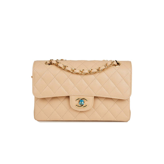 Ch*el small classic double flap bag beige caviar gold hardware (23*13*6cm)