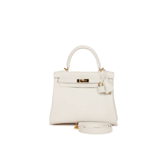 H**mes kelly retourne 25 white swift gold hardware handmade (25*17*7cm)