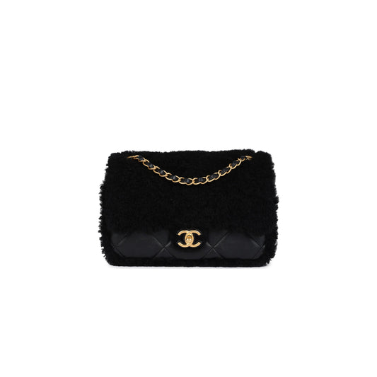 Ch*el medium shearling flap bag black lambskin brushed gold hardware  (23.5*16*7.5cm)