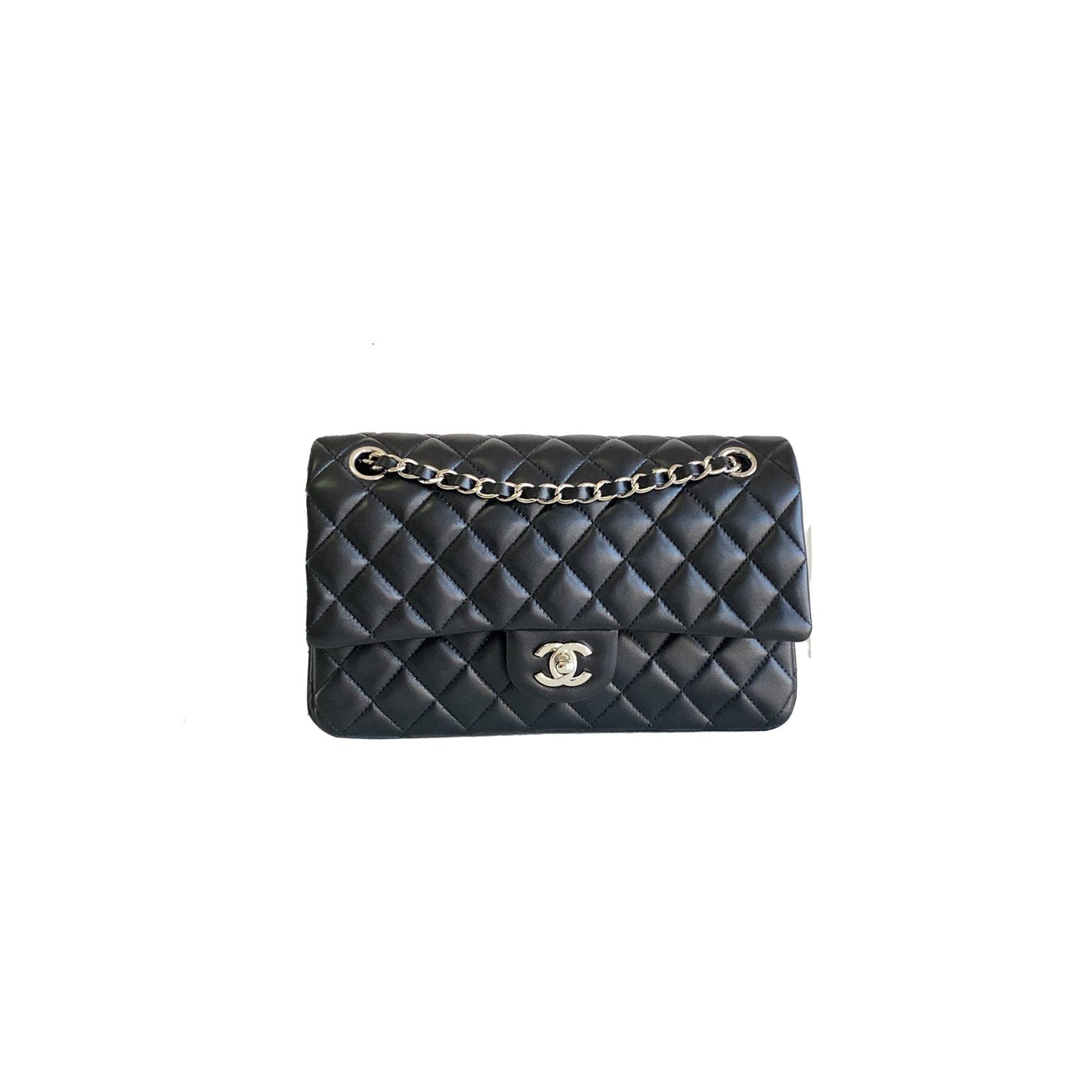 CHANNEL CLASSIC DOUBLE FLAP BAG BLACK QUILTEDLAMBSKIN MEDIUM A1112 (25*15*6cm)