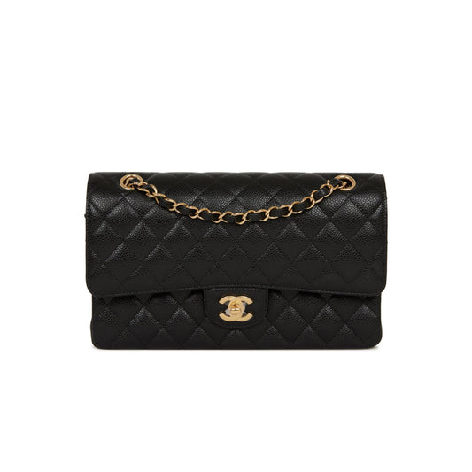Ch*el medium classic double flap bag black quilted caviar gold hardware (25*15*7cm)