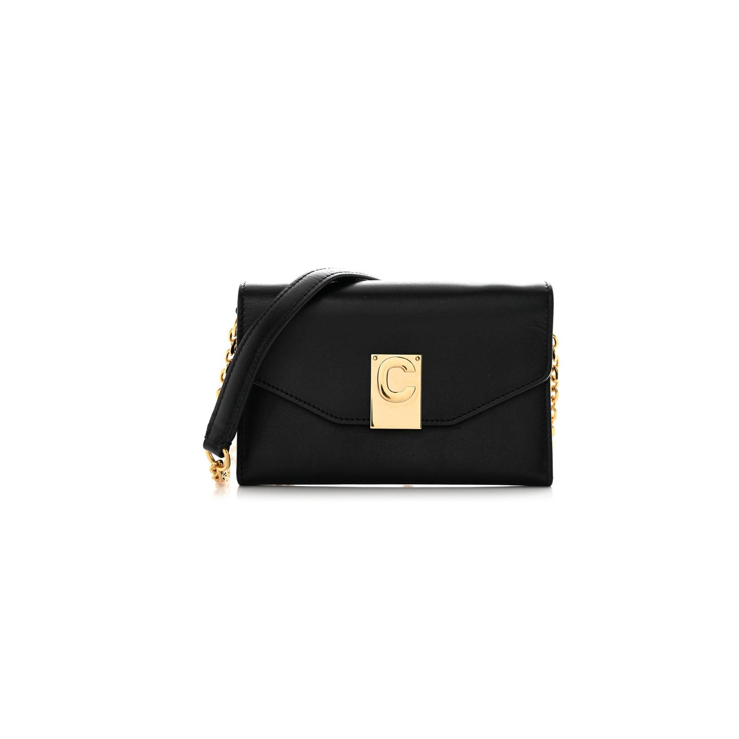 Ce**e shiny smooth calfskin c phone holder wallet on chain bag black (15*10*3cm)