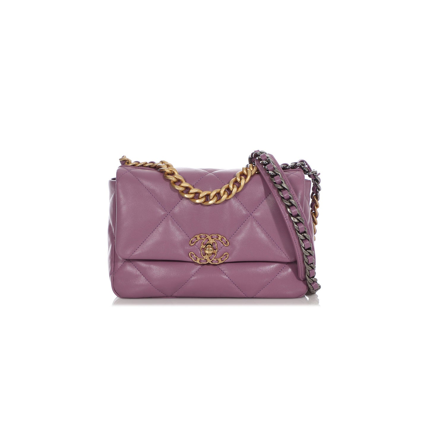 Ch*el purple quilted chÈvre medium 19 bag gold, ruthenium, and silver hardware as1160 (26*16*9cm)