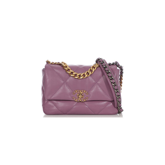 Ch*el purple quilted chÈvre medium 19 bag gold, ruthenium, and silver hardware as1160 (26*16*9cm)