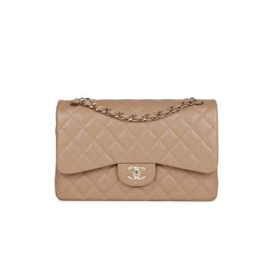 Ch*el jumbo classic double flap bag dark beige caviar gold hardware (30*20*9cm)