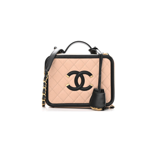 Ch*el caviar quilted medium cc filigree vanity case beige black (20*15*8cm)
