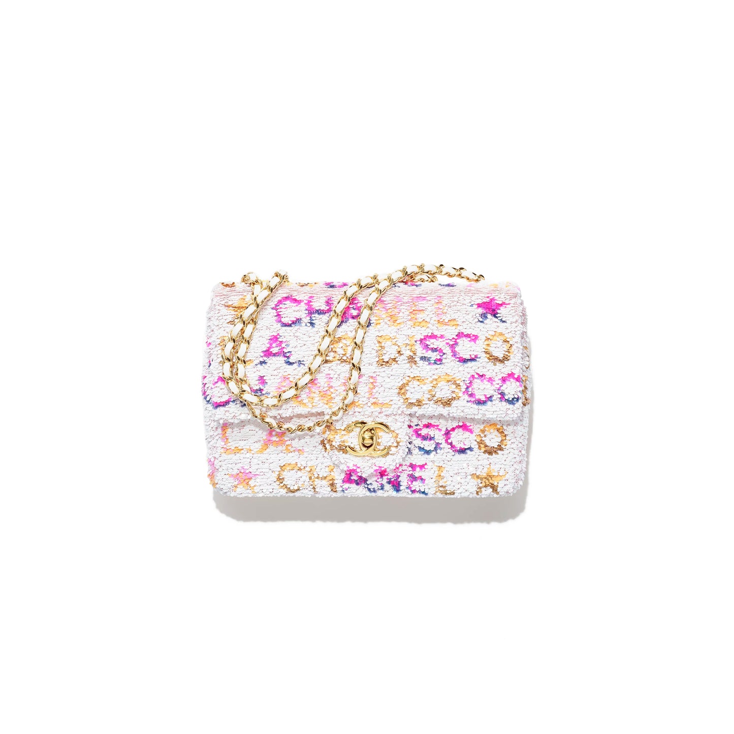 Ch*el sequin logo cc small single flap white multicolor (20*13*6cm)