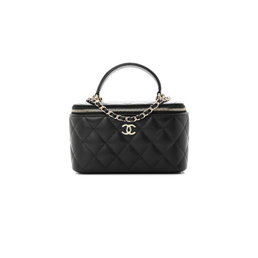 Ch*el lambskin quilted small vanity case with chain black (17*9*8cm)
