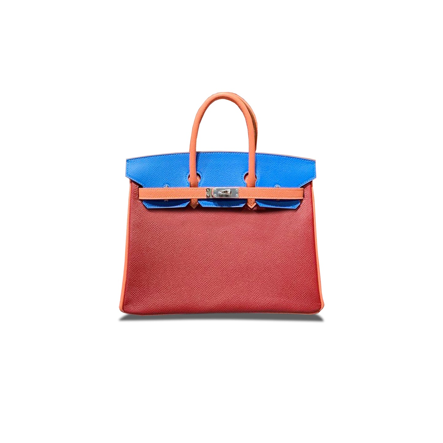 H**mes birkin 25 epsom ruby red lobster pink nylon blue silver buckle bag h028362cc08 (25*18*13cm)