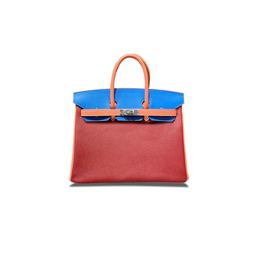 H**mes birkin 25 epsom ruby red lobster pink nylon blue silver buckle bag h028362cc08 (25*18*13cm)