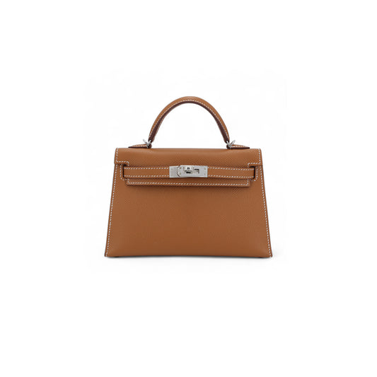 h**mes mini kelly second generation G01den brown epsom silver buckle (19*12*5.5cm)
