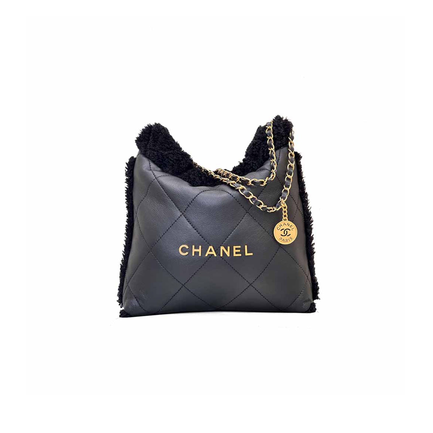 Ch*el shearling aged lambskin quilted small Ch*el 22 black as3260 (37*35*7cm)