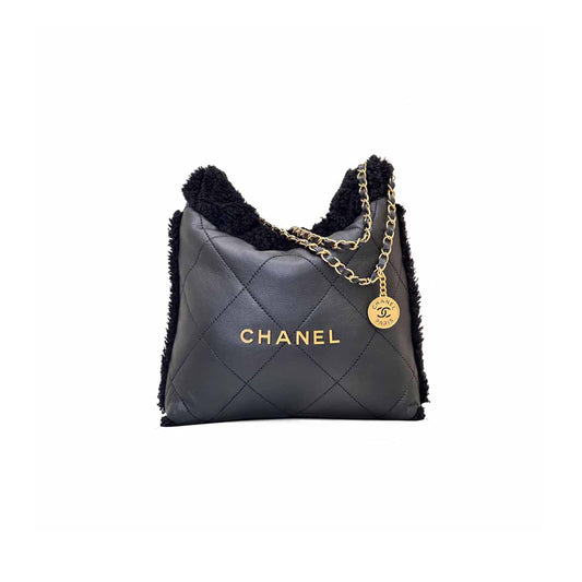 Ch*el shearling aged lambskin quilted small Ch*el 22 black as3260 (37*35*7cm)