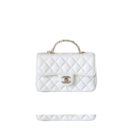 Ch*el master white quilted calfskin top handle flap bag aged gold hardware as4140 (18*11.5*6.5cm)